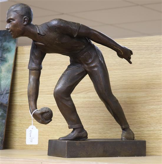 A Deco bronzed figure of a boules player marked Suluduo Height 40cm